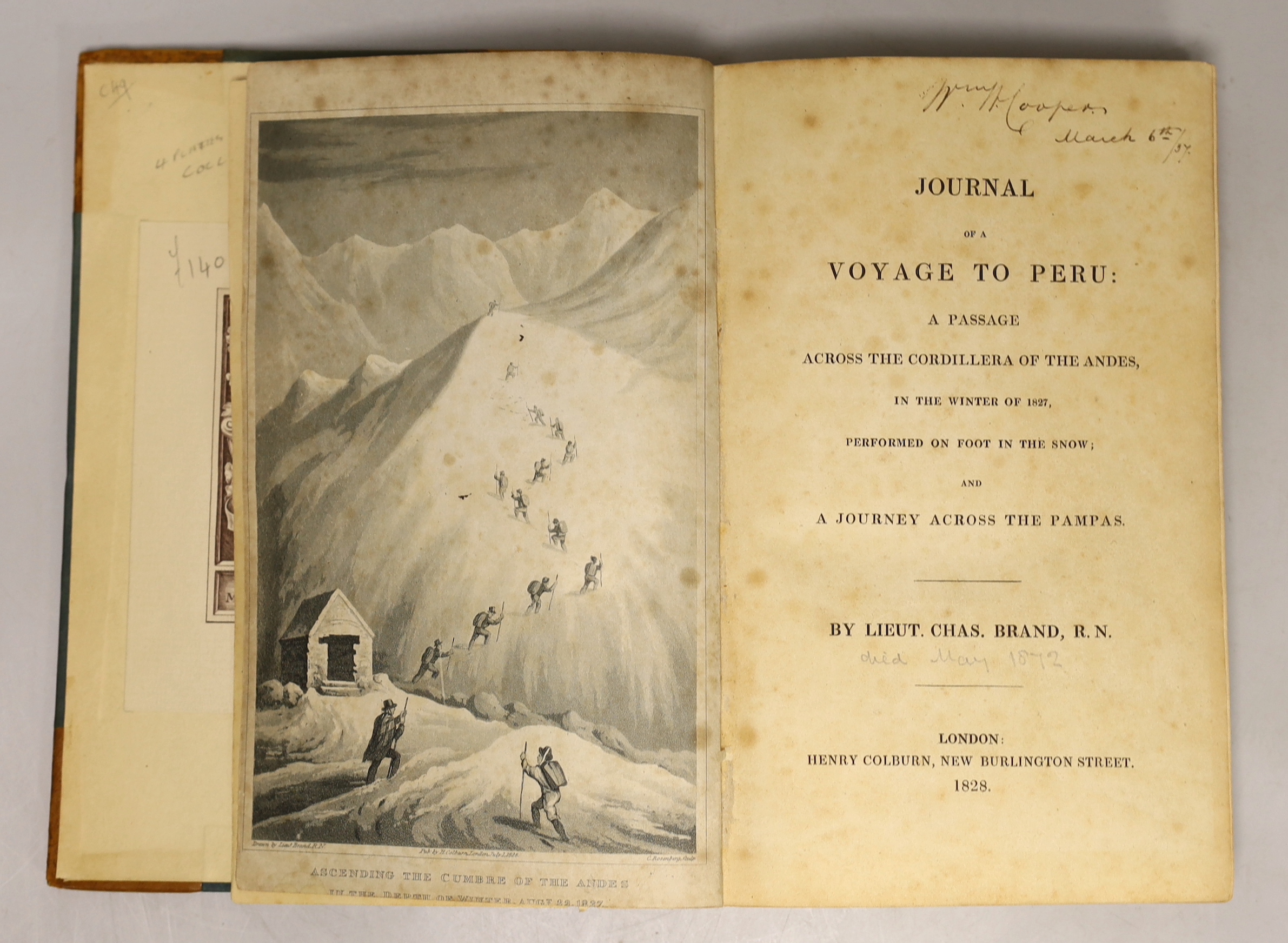 Brand, Lieut. Charles - Journal of a Voyage to Peru: a passage across the Cordillera of the Andes....and a Journey across the Pampas. 4 aquatint plates; later 19th cent. half leather and cloth, gilt decorated and panelle